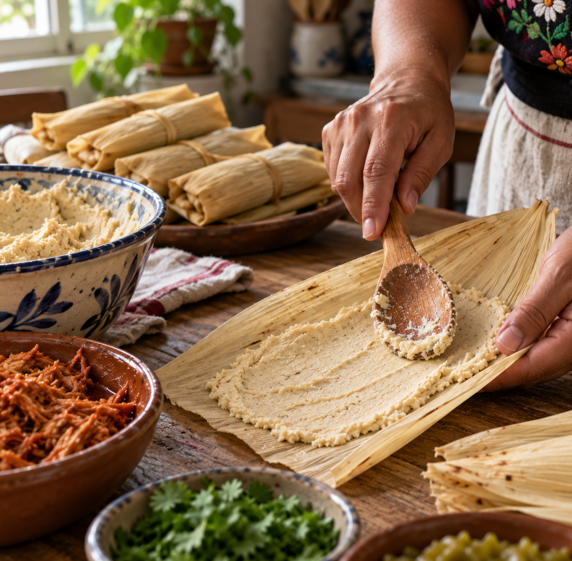 Hands spreading masa onto a corn husk with tamales and fillings on the table